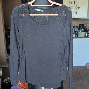 Maurices Gray Long Sleeve Blouse with Lace Detail
